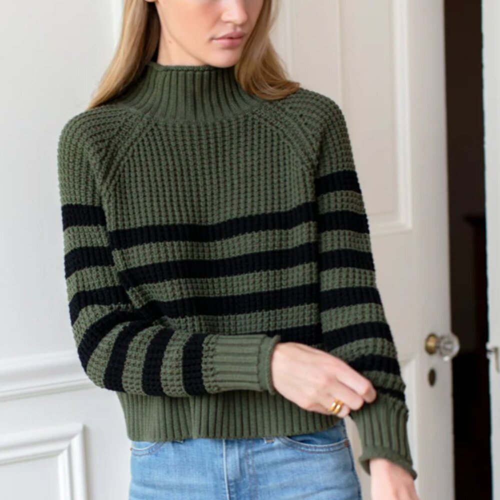 NEW Boxy Funnel Neck Sweater - Army + Black Stripe Emerson Fry Size L